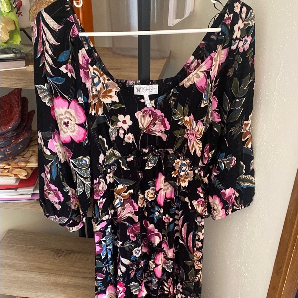 Jessica Simpson Black and Pink Colorful Tiered Scoop Neck Maxi Dress Fall